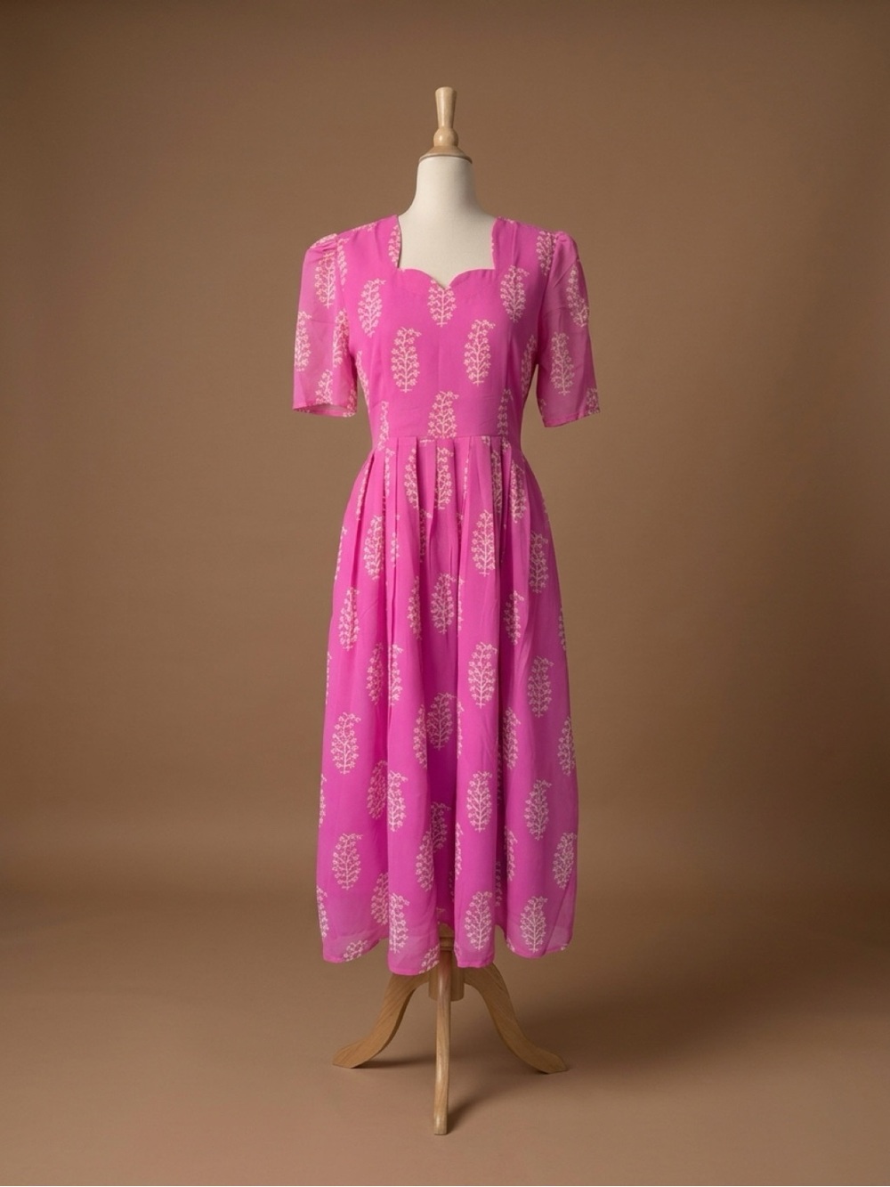 Pink Floral Midi Dress with Scalloped Neckline